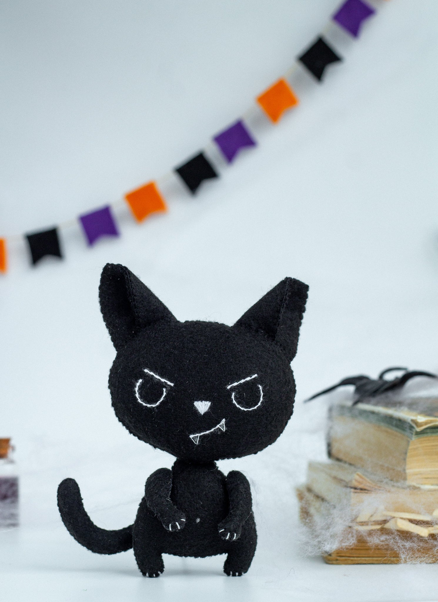 Halloween Black Cat Plush – Spooky Felt Ornament for Halloween Decor | Handmade Halloween Tree Decoration - WoollyFox